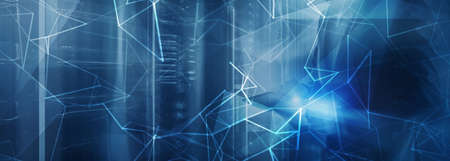 Cyber Network Abstract Digital Technology Background. People and blurred rows of server racks