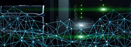 Telecommunication global network structure and networking concept on panoramic server background.