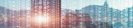 Binary computer code virtual city skyline. Matrix Mixed Media Background.の写真素材