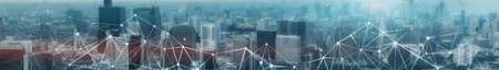 Abstract business network connection concept. Hong Kong panorama.