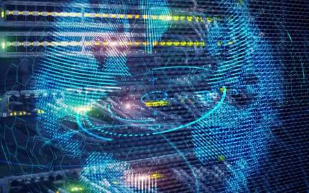 Planet Earth globe global communication technology concept server room background.