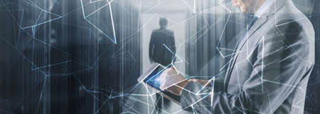 Cyber Network Abstract Digital Technology Background. People and blurred rows of server racks