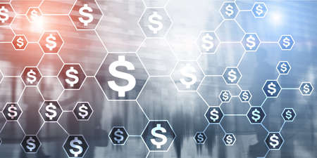 Dollars icons on virtual screen. Mixed Media Universal background. Investment exchange concept.の写真素材