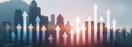 Financial growth arrow chart city view website panoramic header banner. Investment, stock trading, economic concept.の写真素材