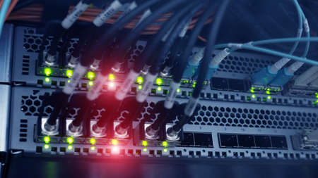 Infrastructure Network Telecommunication Rack. Internet fibre cable.