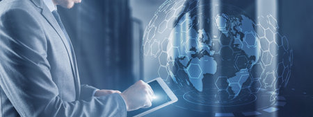 Modern server room supercomputers. Worldwide Concept of digital earth futureの写真素材