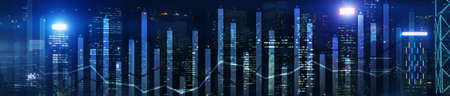 Modern Business Finance Chart Overlaid on Hong Kong Skyline at Night. Up and down arrowの写真素材