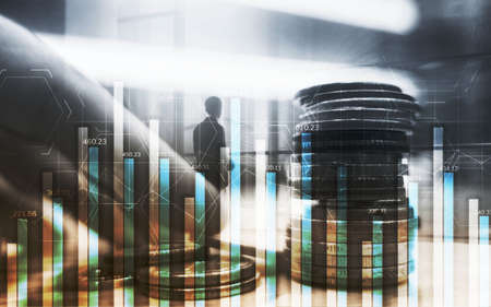 Blue abstract stock market chart. Mixed Media Background.の写真素材