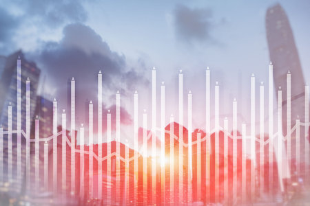 Histogram and lines economic chart of financial instrument on modern metropolis. Up and down arrows.