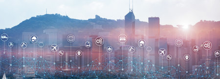 Technology Internet of things wireless communication iot concept networking. Modern city skyline...