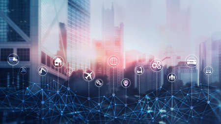 Smart city concept. IoT Internet of Things. Abstract Futuristic City.の写真素材
