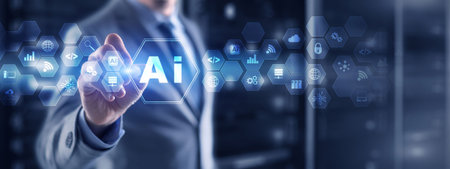 Artificial intelligence concept with businessman on blurred data center background.の写真素材