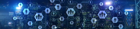 Human resources theme with downtown Hong-Kong skyline buildings.