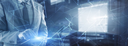 Cyber Network Abstract Digital Technology Background. People and blurred rows of server racks.