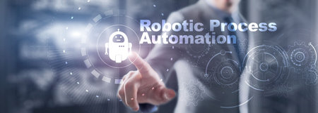 RPA Robotic Process Automation. Technology concept on virtual screen. Ai algorithm analyze Business.
