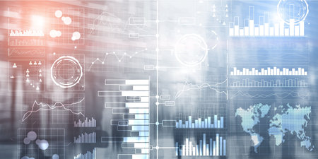Business intelligence dashboard with key performance indicators on a virtual screen computer interface.の写真素材