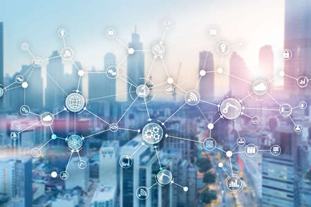 Technology industrial business process workflow organisation structure on virtual screen.の写真素材