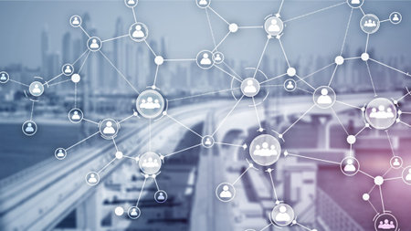 Human resource management, HR on skyscrapers background.