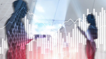 Stock chart on an abstract background of silhouettes of the city.