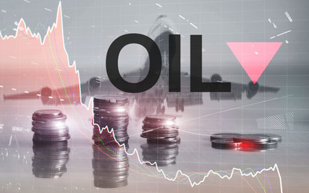 Price oil down. Oil barrels and a financial chart on abstract business background. Barrel arrow...