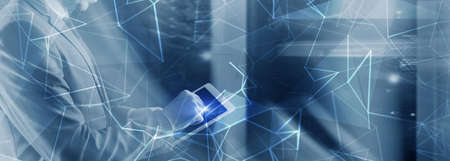 Cyber Network Abstract Digital Technology Background. People and blurred rows of server racks.