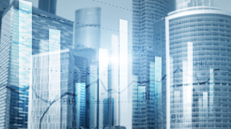 Candle stick graph chart of stock market investment trading on buildings background.