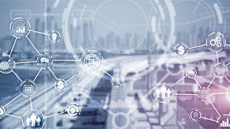 Industry business virtual diagram on city background.