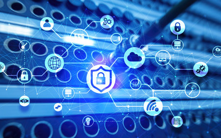 Data security concept. Icons: Closed Padlock, Wifi And cloud on digital background.