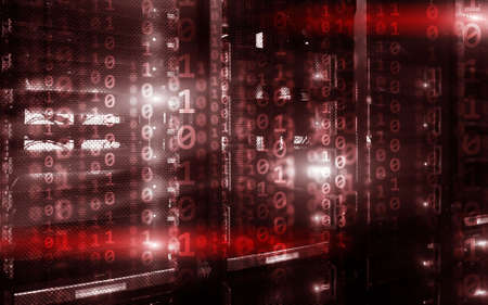 Binary code matrix digital internet technology concept on server room background.の写真素材