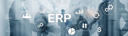 Online ERP system concept on abstract business mixed media background.の写真素材