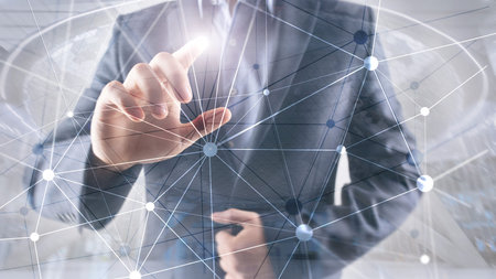 Blockchain network on blurred skyscrapers background. Financial technology and communication...