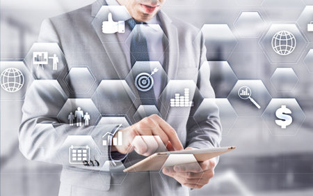 Data Management System and Business Analytics concept on double exposure background.