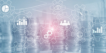 Abstract Automation Technology Business Corporative concept. Diagram with gears and icons on virtual screen.の写真素材