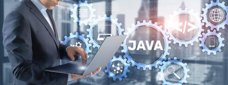 Businessman writing virtual screen: java Technology, internet, business and marketing.の写真素材