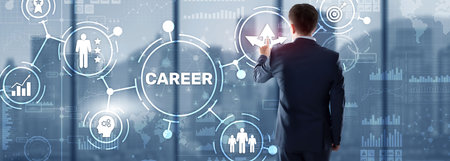 Career Inscription and people icons on virtual screen. Businessman pressing Career.の写真素材
