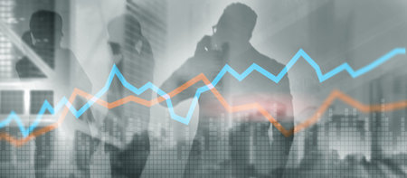 Red and blue financial charts on background doble exposure mixed media.