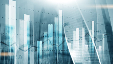 Candle stick graph chart of stock market investment trading on buildings background.