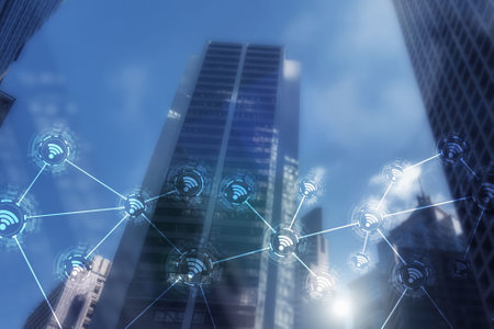 Wi-fi icon on the modern city of the future. Wireless network connection. Hong Kong abstract image.の写真素材