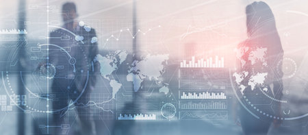 Diagrams on the background of people. Intelligence control panel.