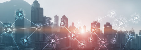 Wifi city communication technology fast internet connection 5g wireless concept. modern city view with icons.の写真素材