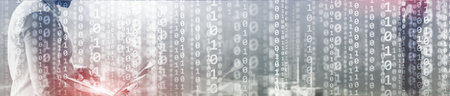 Binary computer code virtual city skyline. Matrix Mixed Media Background.の写真素材