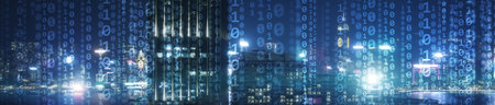 Matrix Mixed Media Background. Binary code virtual city skyline.