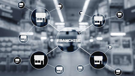 Franchise lettering on blurred warehouse background. Marketing system.の写真素材