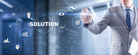 Solution. Businessman pressing on touch screen interface inscription Solutions. Business concept....