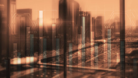 Universal background. Diagrams with numbers on the background of the cityの写真素材