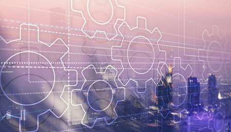Dots lines and gears on city background