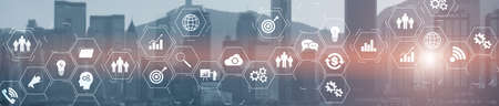ERP Enterprise Resource Planning system on virtual screen with connections between business intelligenceの写真素材
