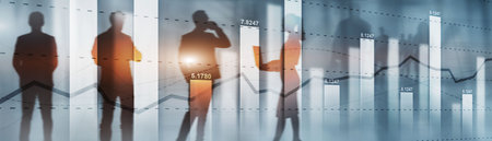 Diagram on the background of silhouettes and the city. Business candle stick graph chart. Trend of graphの写真素材