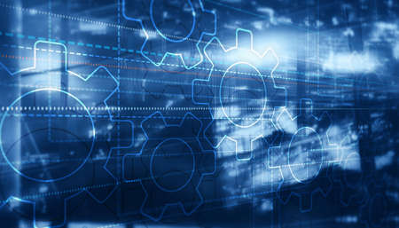 Dots lines and gears on city backgroundの写真素材