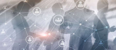 Social media. People relation and organization structure. Business and communication technology concept. Background with silhouettesの写真素材